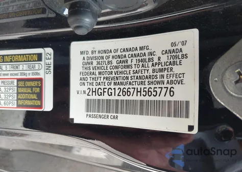 2007 Honda Civic Lx из США, поврежденный, VIN 2HGFG12667H565776